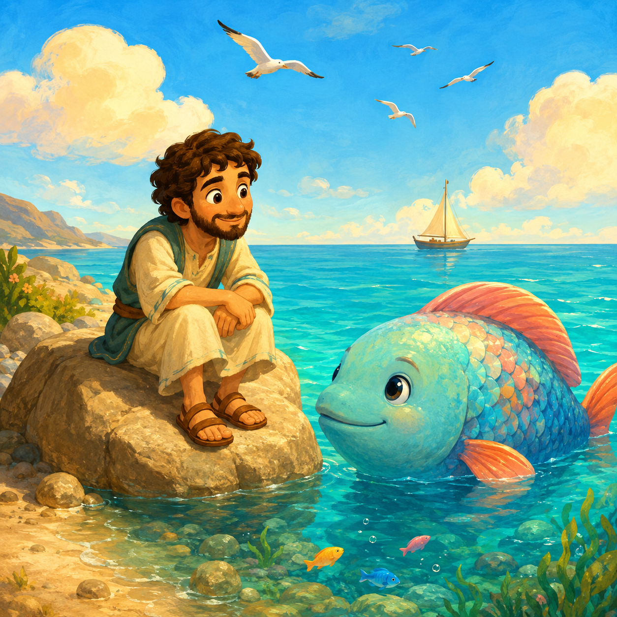 Jonas e o grande peixe em uma cena infantil ilustrada