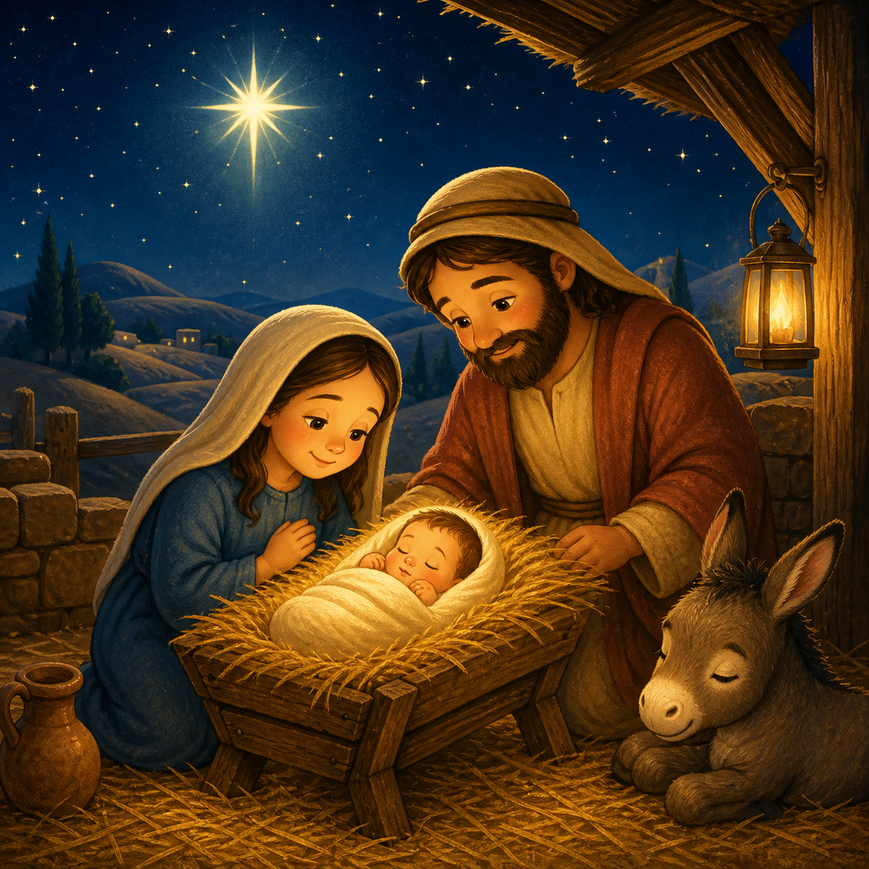 O nascimento de Jesus em uma cena infantil ilustrada